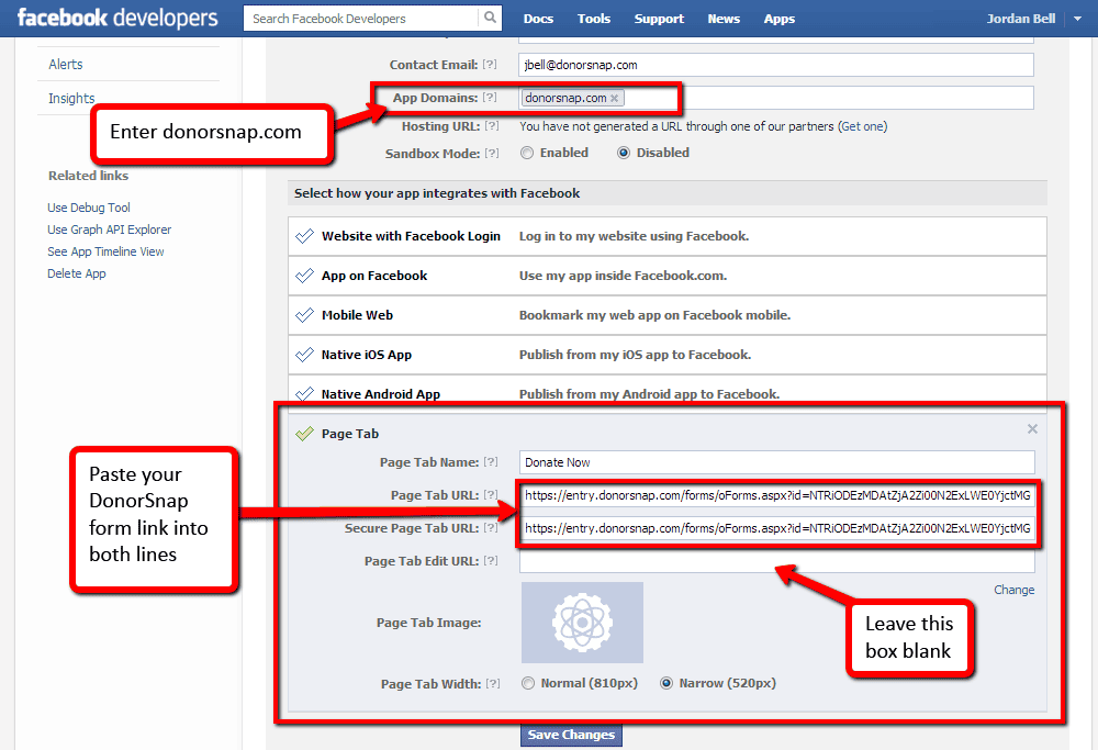 Fill out the form to create your Donate Now Facebook tab