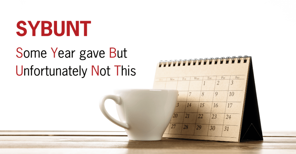 Picture of coffee cup with calendar and text that says SYBUNT Some Year gave But Unfortunately not this